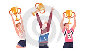 Happy winners holding trophy cups in raising hands set. Successful people celebrating victory cartoon vector