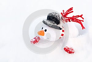 Happy winter christmas snowman with carrot in black hat