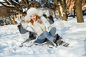 Happy winter holiday. Beautiful winter woman outdoor