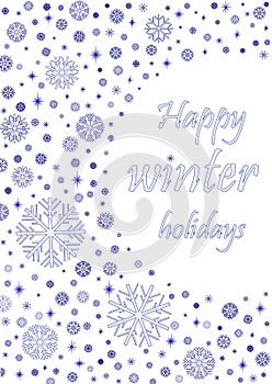 Happy winter holiday card with blue snowflakes isolated on the white background, vertical vector