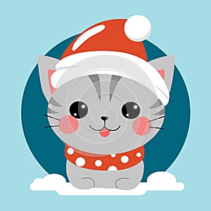 Happy winter holiday with cute cat head in Santa hat, a Christmas cartoon.