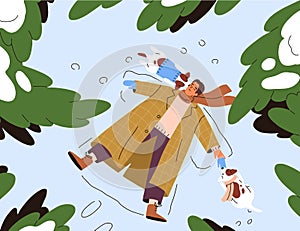 Happy winter holiday. Dog owner lying in forest, making snow angel, enjoying snowy weather. Funny male character with