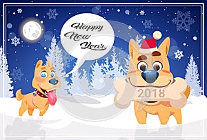 Happy Winter Holidays Banner Background With Cute Dogs Over Night Snowy Forest New Year 2018 Concept