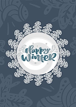 Happy winter scandinavian xmas vector calligraphy lettering text in Christmas greeting card design. Hand drawn