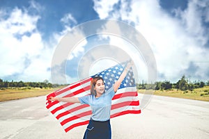 Happy woman with American flag USA celebrate 4th of July