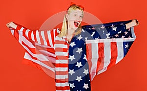 Happy woman with American national flag. Independence Day. July 4th. United states. Summer holiday.
