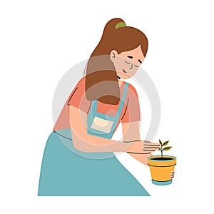 Happy woman in apron takes care of a houseplant. Urban gardening. Vector illustration.