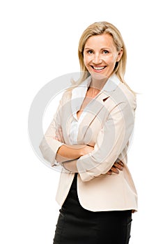 Happy woman arms folded isolated on white background