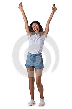 Happy woman with arms raised