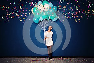 Happy Woman, Balloons and Confetti on Blue Banner