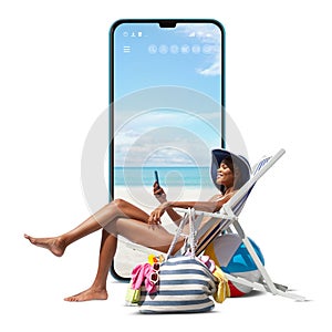 Happy woman at the beach on a beach deck chair, sunbathing, isolated with a mobile phone screen in the white background, concept a