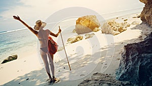 Happy woman on the beach with hat, stick and backpack