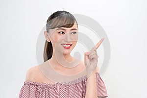 Happy woman beautiful smile index finger