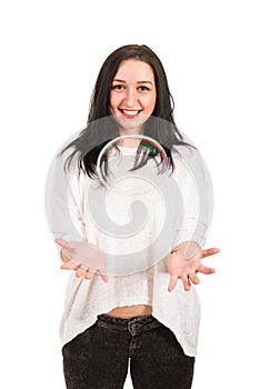 Happy woman with big soap bubble