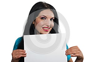 Happy woman with blank sign