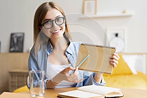 Happy woman blogger applicant teacher sit at home office look at camera doing online job interview during video chat