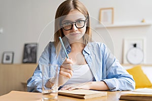 Happy woman blogger applicant teacher sit at home office look at camera doing online job interview during video chat