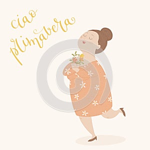 Happy woman with bouquet of spring flowers. Hand lettering in Italian `Ciao primavera` photo