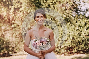 Happy, woman and bride in park for portrait for celebration, ceremony and event in summer. Smile, wife and wedding dress