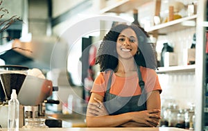 Happy woman, cafe and portrait of small business owner with arms crossed in confidence at coffee shop. Female person