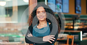 Happy woman, cafe and small business owner with arms crossed by door and ready for service. Portrait of female person