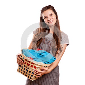 Happy Woman Carrying Laundry Basket Isolated