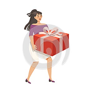 Happy Woman Carrying Wrapped Gift Box for Special Occasion Like Birthday or Holiday Celebration Vector Illustration