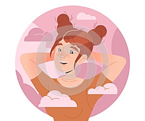 Happy Woman Character with Her Head in Clouds Having Fancy Imagination Vector Illustration