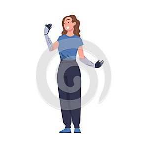 Happy Woman Character with Replaced Robotic Arms as Body Part Prosthesis Restoring Normal Functioning Vector