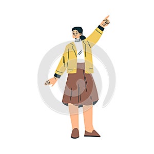 Happy Woman Character Stand Point Finger at Something Show Hand Gesture Vector Illustration