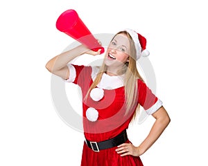 Happy woman with christmas dress shout with megaphone