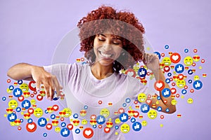 Happy woman, content creator and social media emoji in studio to like, subscribe and review online. Smile, face and