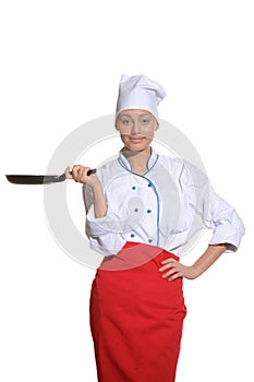 Happy woman-cook with frying pan