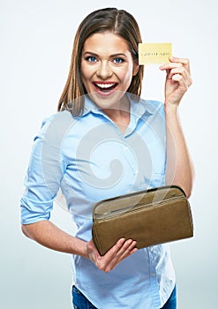 Happy woman credit card. woman`s wallet.
