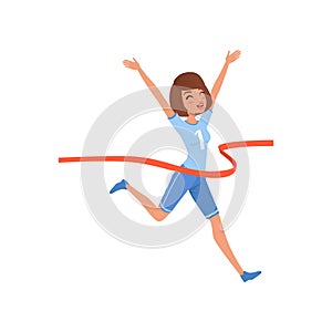 Happy woman crossing red finish tape. Young athletic girl taking part in running competition. Flat vector design