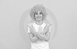happy woman in curly wig. express positive emotions. cheerful lady wear wig.