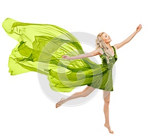 Happy Woman Dance in Flying Green Dress, Beautiful Young Girl in Gown with Waving Fluttering Cloth