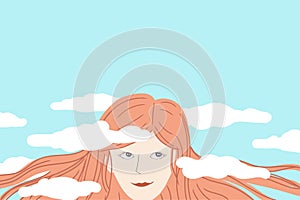 Happy woman daydreaming with her head in the clouds