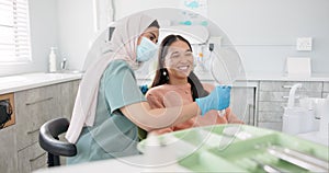 Happy woman, dentist and patient with mirror for treatment, dental care or teeth cleaning at clinic. Young female person