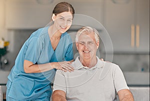 Happy woman, doctor and portrait with senior in elderly care, nursing or support at retirement home. Female person