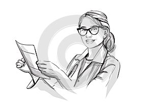 Happy woman doctor smiling Vector sketch storyboard. Detailed character illustrations
