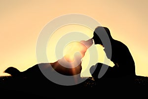 Happy Woman and Dog Outside Silhouette
