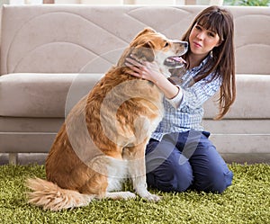 Happy woman dog owner at home with golden retriever