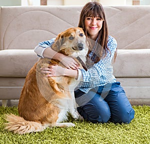 Happy woman dog owner at home with golden retriever