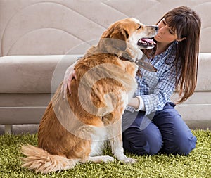 Happy woman dog owner at home with golden retriever