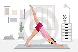 Happy woman doing yoga exercises, practicing stretching on mat in yoga studio or home. vector illustration