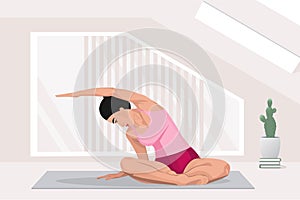 Happy woman doing yoga exercises, practicing stretching on mat in yoga studio or home. vector illustration