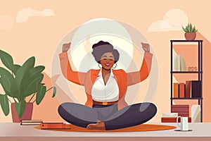 happy woman doing yoga in office AI generated