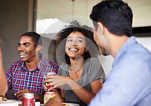 Happy woman, drinks or friends eating in restaurant on holiday vacation bonding or laughing together. Smile, diversity