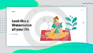 Happy Woman Eat Watermelon on Picnic Landing Page. Female Character Relaxing on Nature Landscape